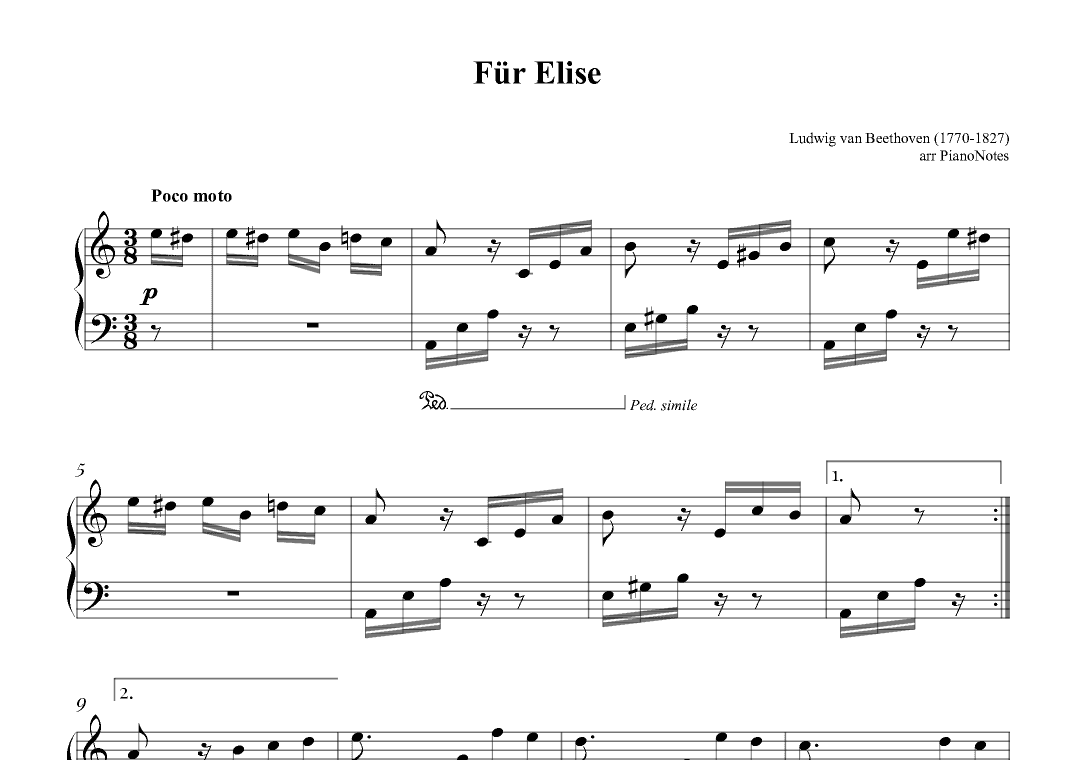 Für Elise, Bagatelle N.º 25 in A minor, WoO 59 Bia 515 (arr. PianoNotes)