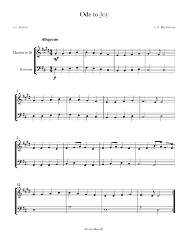 ode to joy for beginners clarinet and bassoon d major sheet music (arr. Arezzo Music)