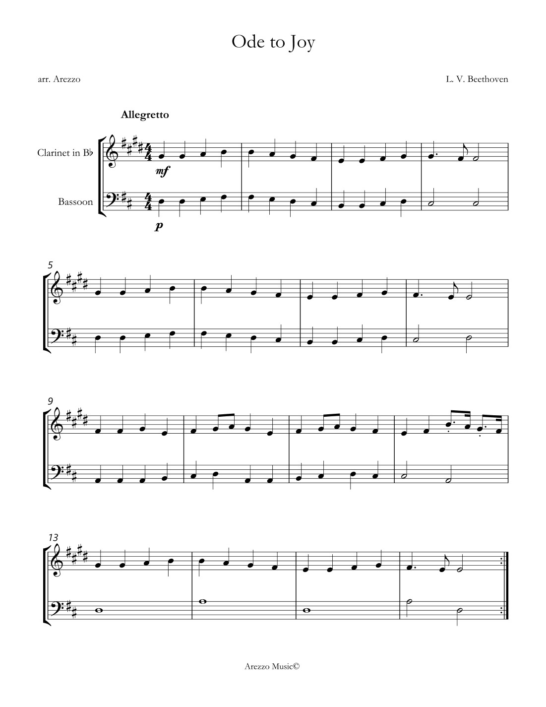 ode to joy for beginners clarinet and bassoon d major sheet music (arr. Arezzo Music)