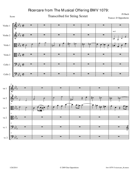 Bach: The Musical Offering (BWV 1079) No. 5 Ricercare a 6 arr. for String Sextet (arr. D Oppenheim)