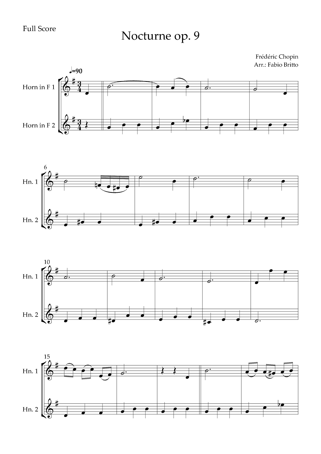 Nocturne Op.9 No. 2 (Frédéric Chopin) for Horn in F Duo (arr. Fabio Britto)