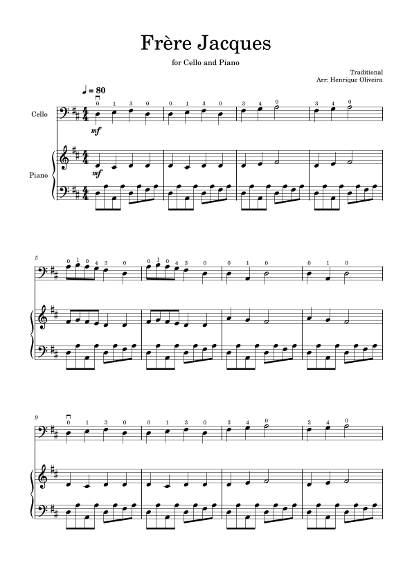 Frère Jacques (Cello and Piano) - Beginner Level (arr. Henrique Oliveira)
