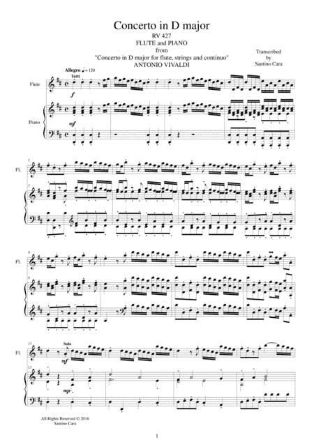 Vivaldi - Concerto in D major RV 427 for Flute and Piano (arr. Santino Cara)