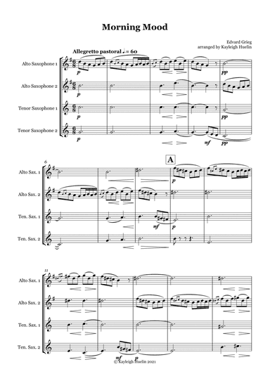 Morning Mood by Edvard Grieg - Saxophone quartet (AATT) (arr. Kayleigh Huelin)