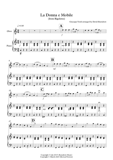 La Donna e Mobile for Oboe and Piano (arr. David Burndrett)