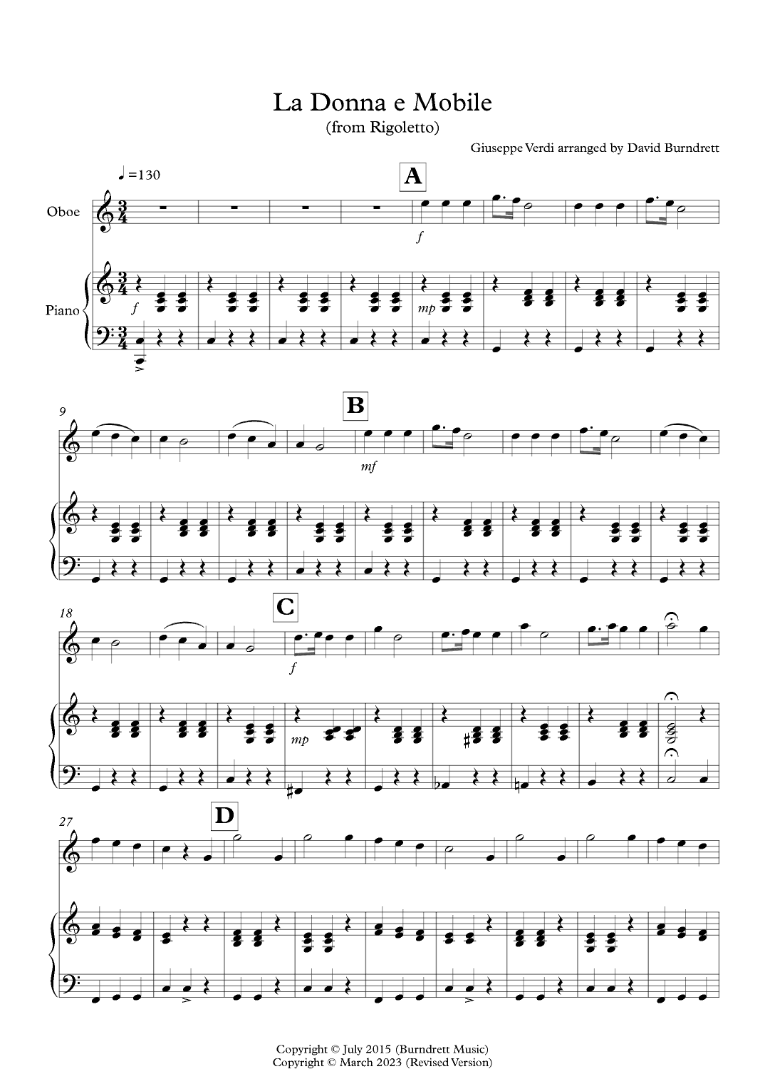 La Donna e Mobile for Oboe and Piano (arr. David Burndrett)