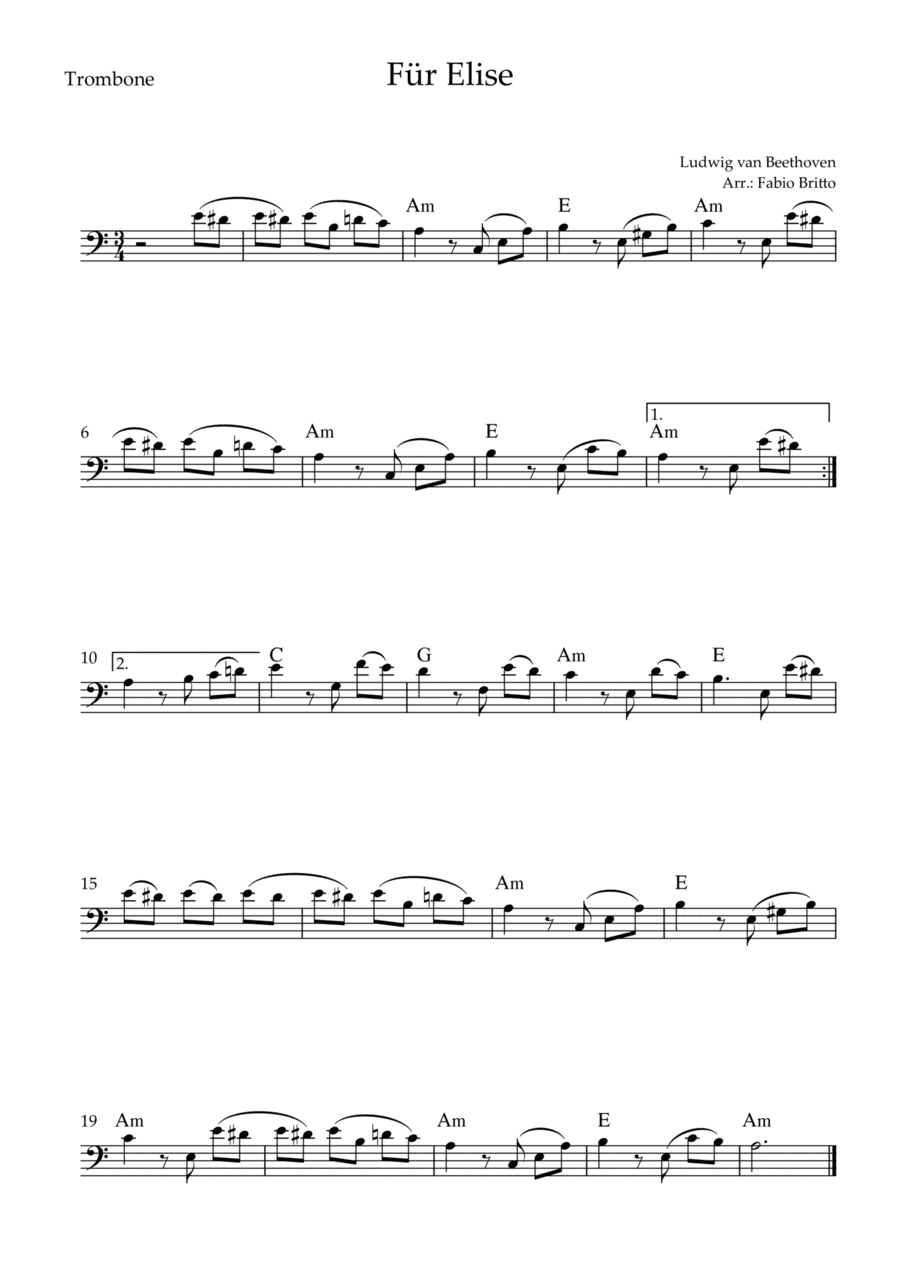 Für Elise (Beethoven) for Trombone Solo with Chords (Simplified) (arr. Fabio Britto)