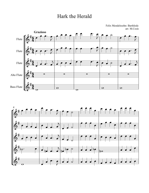 Hark The Herald for Flute Choir (3 flutes, Alto and Bass flutes) (arr. Michelle Coon)