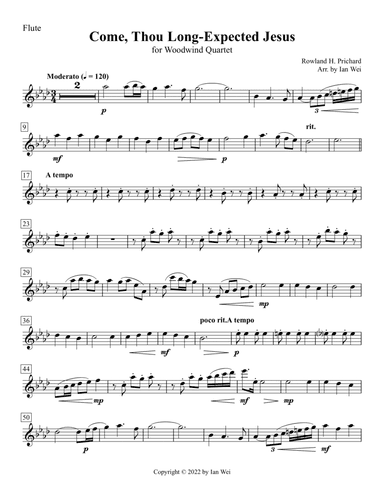 Come, Thou Long-Expected Jesus for Woodwind Quartet (arr. Ian Wei)