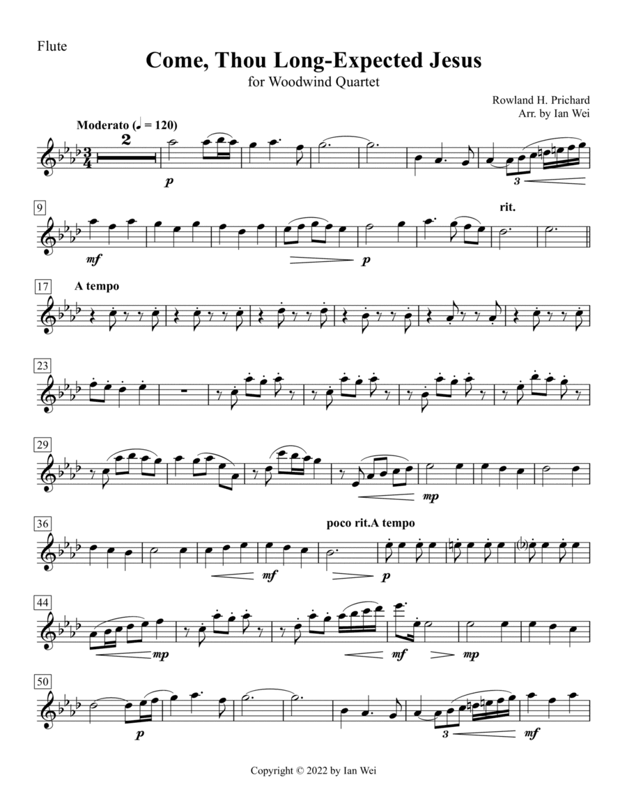 Come, Thou Long-Expected Jesus for Woodwind Quartet (arr. Ian Wei)