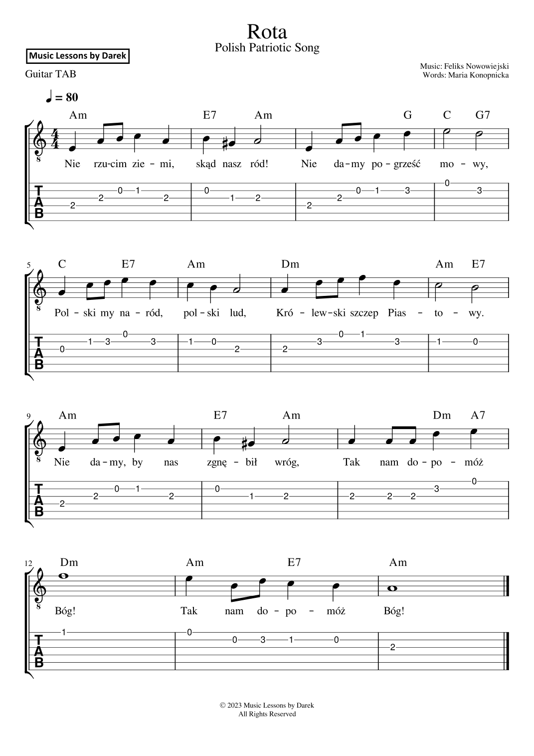 Rota (The Oath), Polish Patriotic Song [GUITAR TAB] (arr. Darek)