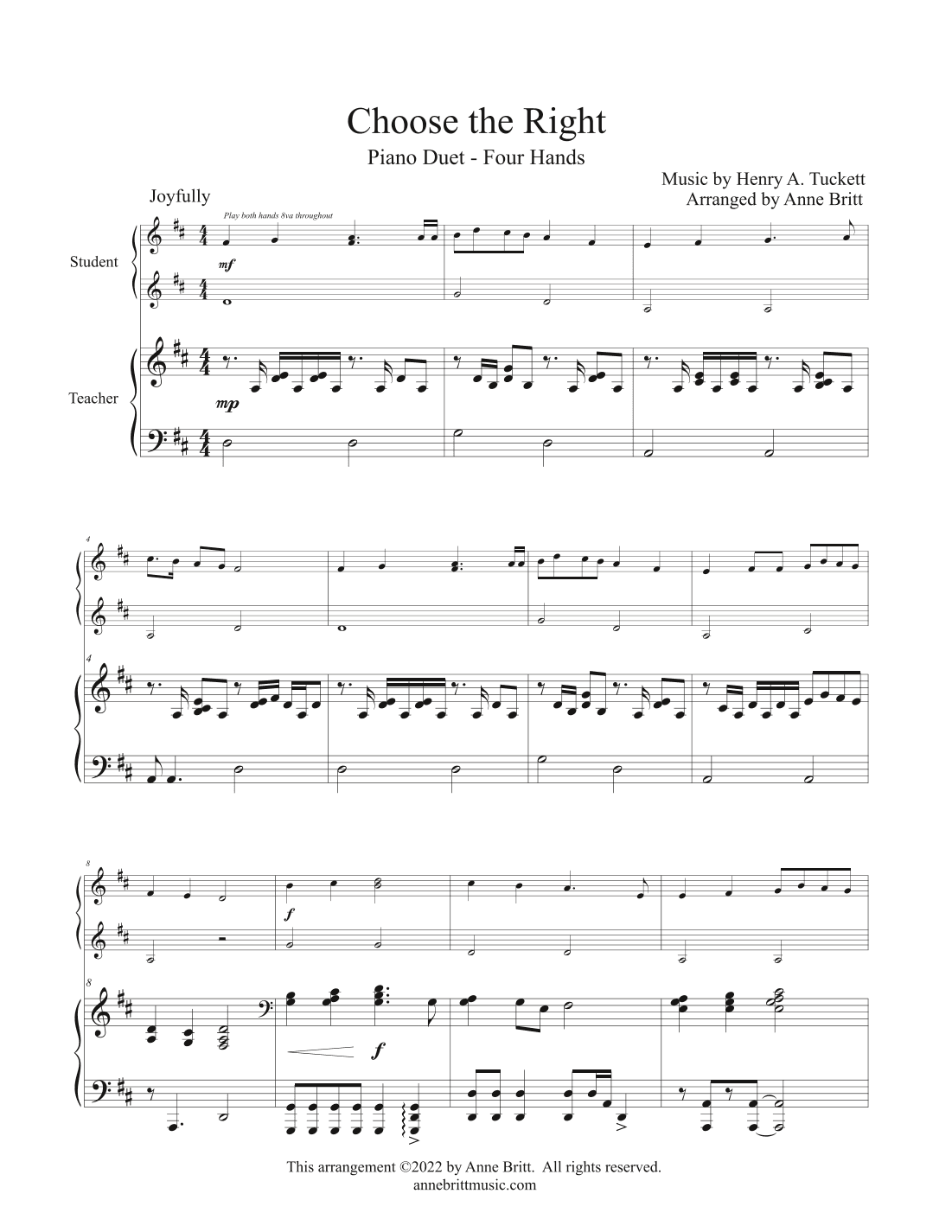 Choose the Right (late elementary student/teacher piano duet, key of D) (arr. Anne Britt)