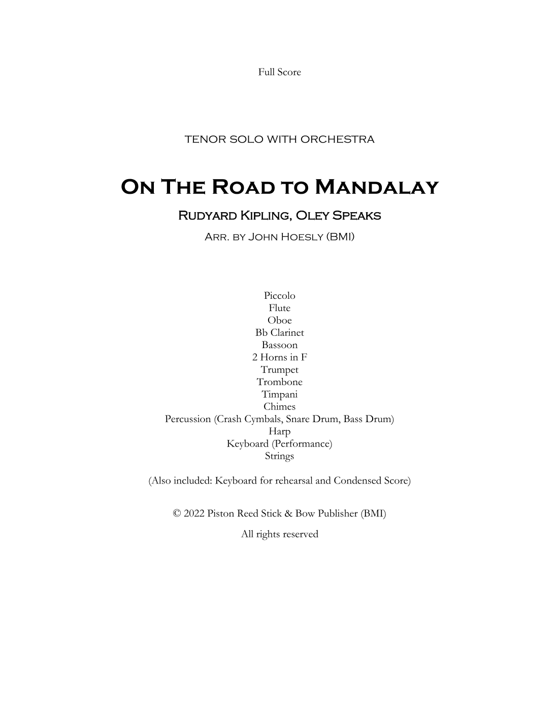 On The road To Mandalay for Tenor and Chamber Orchestra (arr. John Hoesly)