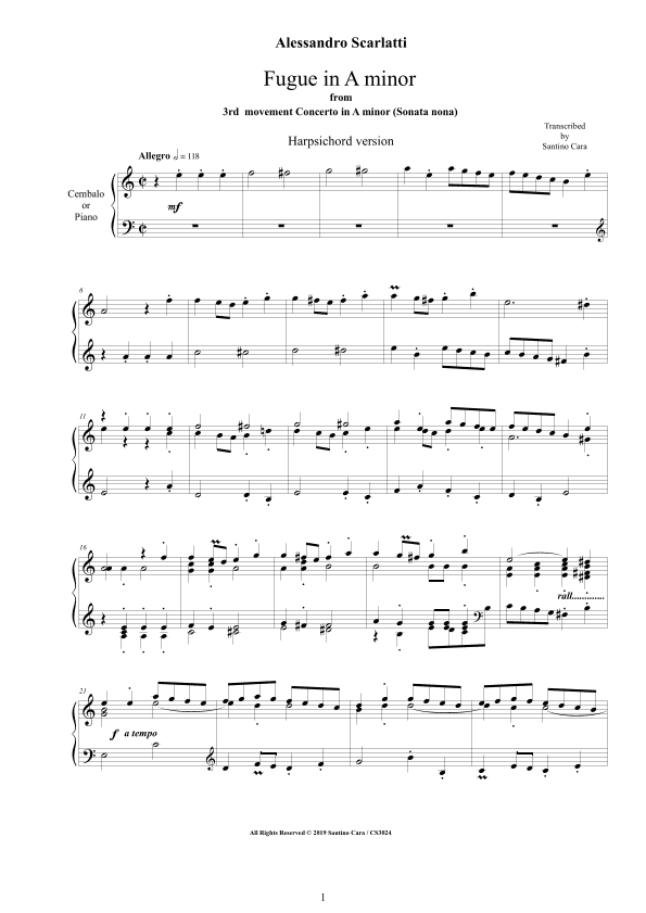 Scarlatti A - Fugue in A minor for Harpsichord (or Piano) (arr. Santino Cara)