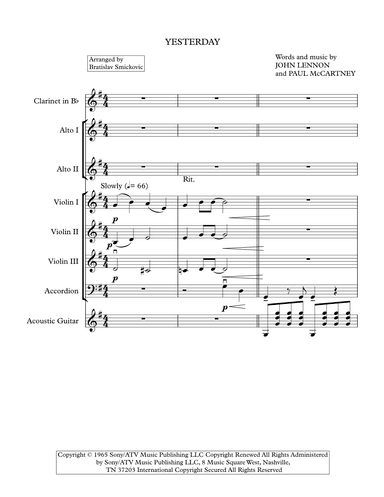 Yesterday - Score Only (arr. Bratislav Smickovic)