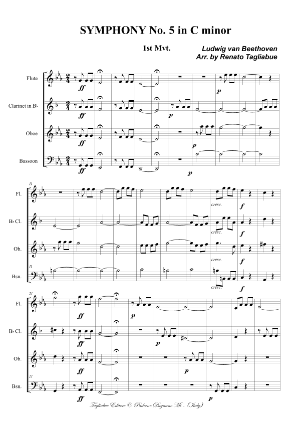 SYMPHONY No. 5 - 1st Mvt. - Arr. for Wind quartet - With Parts (arr. Renato Tagliabue)