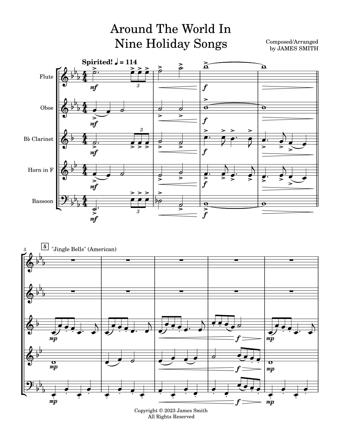 Around The World In Nine Holiday Songs for Woodwind Quintet
