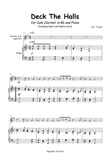 Deck The Halls for Solo Clarinet in Bb and Piano (arr. Tim Curd)