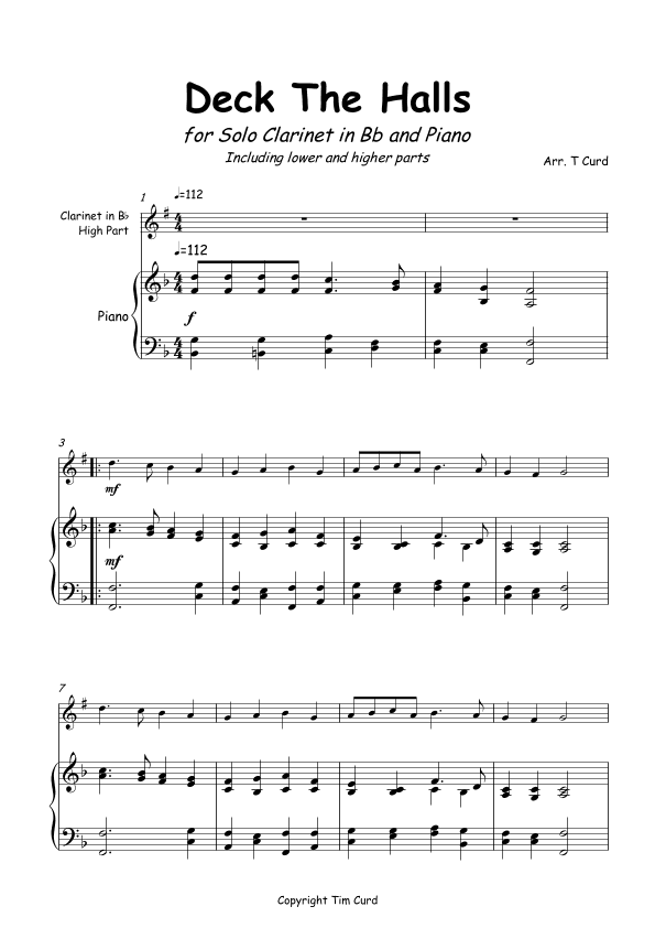Deck The Halls for Solo Clarinet in Bb and Piano (arr. Tim Curd)