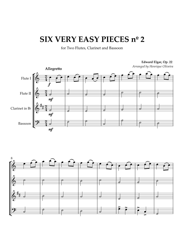 Six Very Easy Pieces nº 2 (Allegretto) - for Two Flutes, Clarinet and Bassoon (arr. Henrique Oliveira)