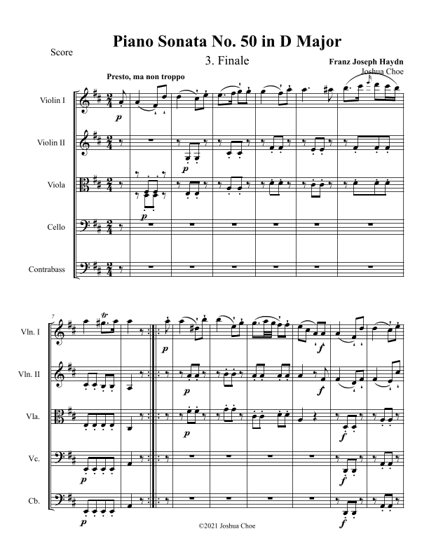 Piano Sonata in D major, Hob.XVI:37, Movement 3 (arr. Joshua Choe)