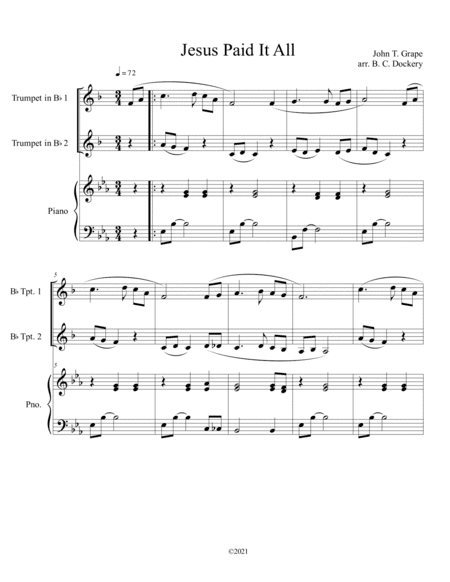 Jesus Paid It All (trumpet duet) with optional piano accompaniment (arr. B. C. Dockery)