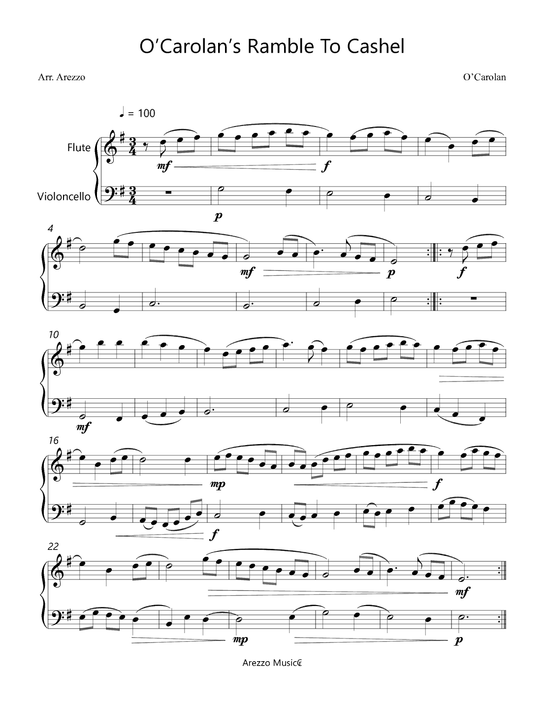O’Carolan’s Ramble To Cashel - Flute and Cello Arrangement (arr. Arezzo Music)