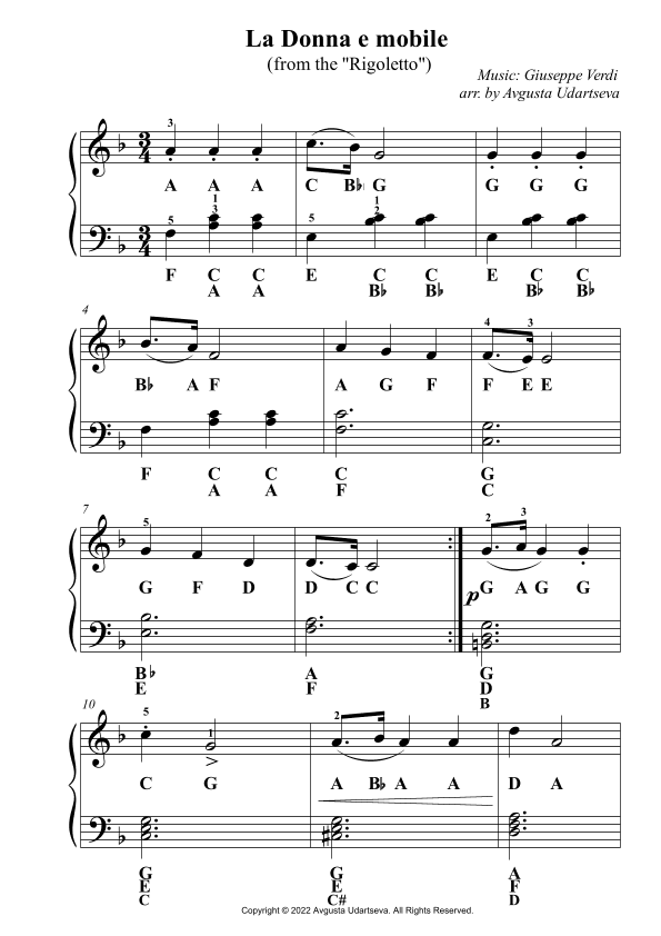 La Donna e mobile - Easy Piano (arr. Avgusta Udartseva)