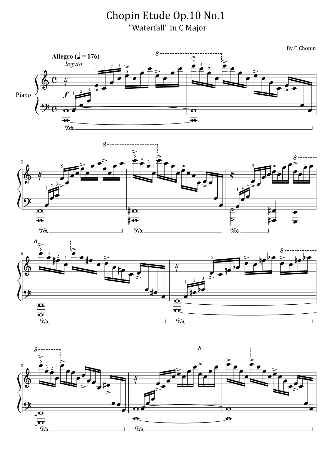 Chopin Etude Op.10 No.1 "Waterfall" in C Major - (With Finger Number),Original Version (arr. poon)