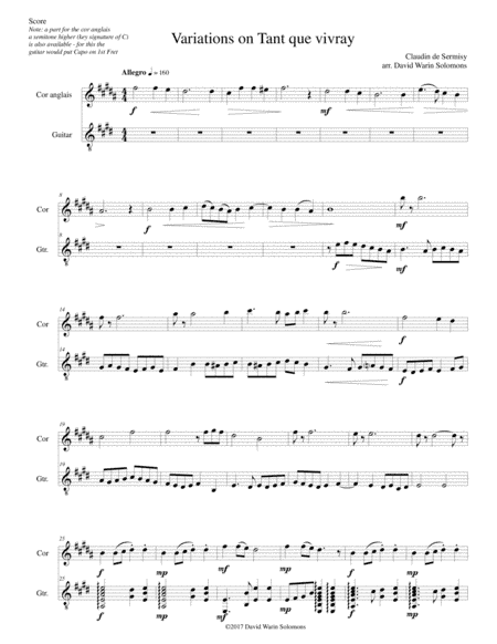 Variations on Tant que vivray for cor anglais and guitar (arr. David Warin Solomons)