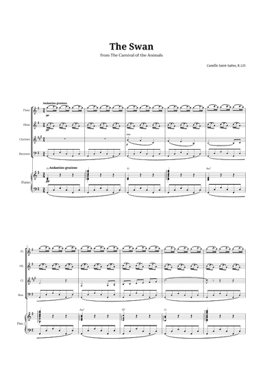 The Swan by Saint-Saëns for Woodwind Quartet and Piano with Chords (arr. Langanho)