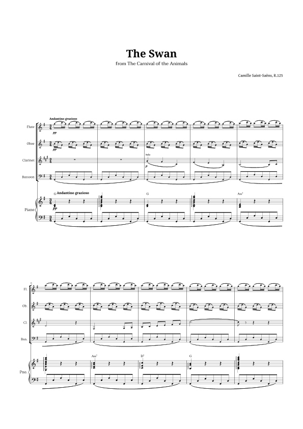 The Swan by Saint-Saëns for Woodwind Quartet and Piano with Chords (arr. Langanho)