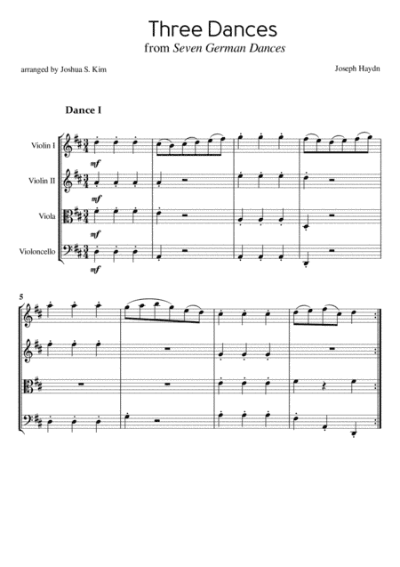 Three Dances from Seven German Dances by J. Haydn for String Quartet (arr. Joshua S. Kim)