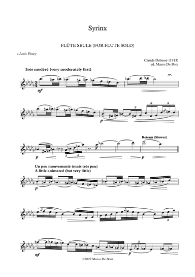 Debussy - Syrinx for solo flute (with English translations) (arr. Marco De Boni)