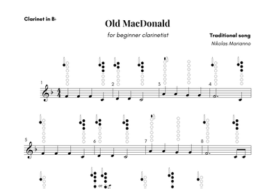 Old MacDonald for beginner clarinetist with finger chart (arr. Nikolas Marianno)