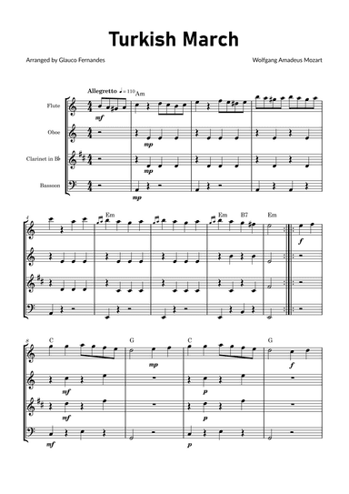 Turkish March by Mozart - Woodwind Quartet with Chord Notations (arr. Glauco Fernandes)