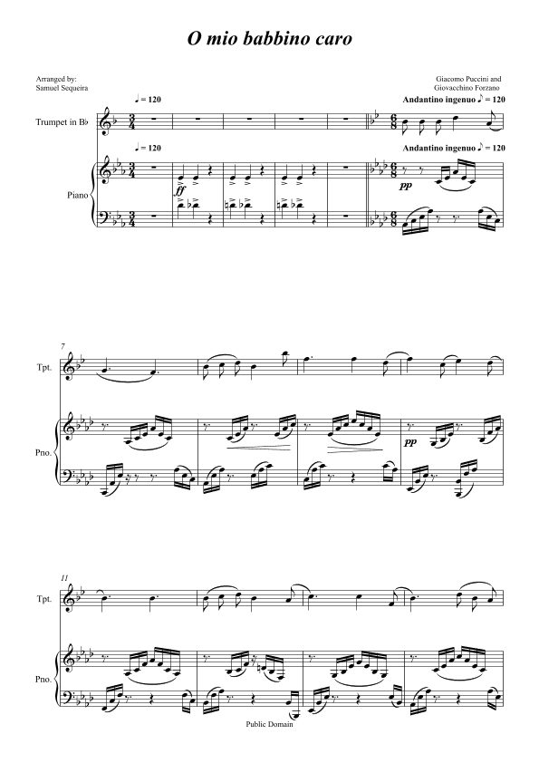 O mio babbino caro - for Trumpet in Bb and Piano accompaniment - orchestral play along (arr. Samuel Sequeira)