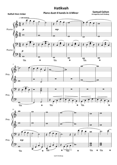 Hatikvah (The Hope) Piano duet (arr. Leah Ginzburg)