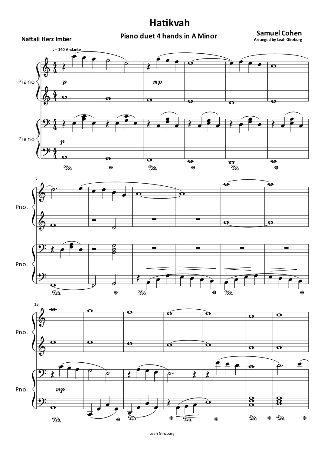 Hatikvah (The Hope) Piano duet (arr. Leah Ginzburg)