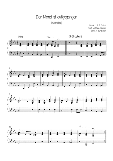 Der Mond ist aufgegangen - Abendlied (Easy Piano) (arr. Andreas Burghardt)