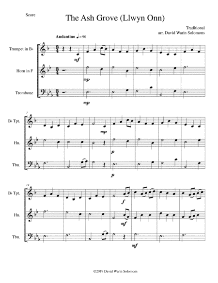 The Ash Grove (Llwyn Onn) for brass trio (trumpet, horn, trombone) (arr. David Warin Solomons)