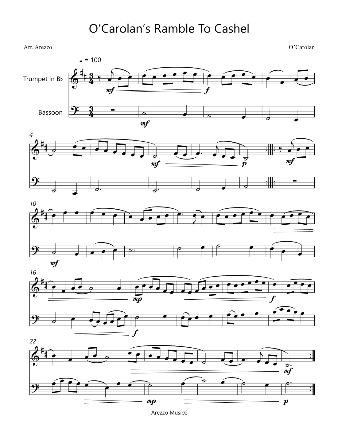 o'carolan ramble to cashel - trumpet and bassoon sheet music turlough'o carolan (arr. Arezzo Music)