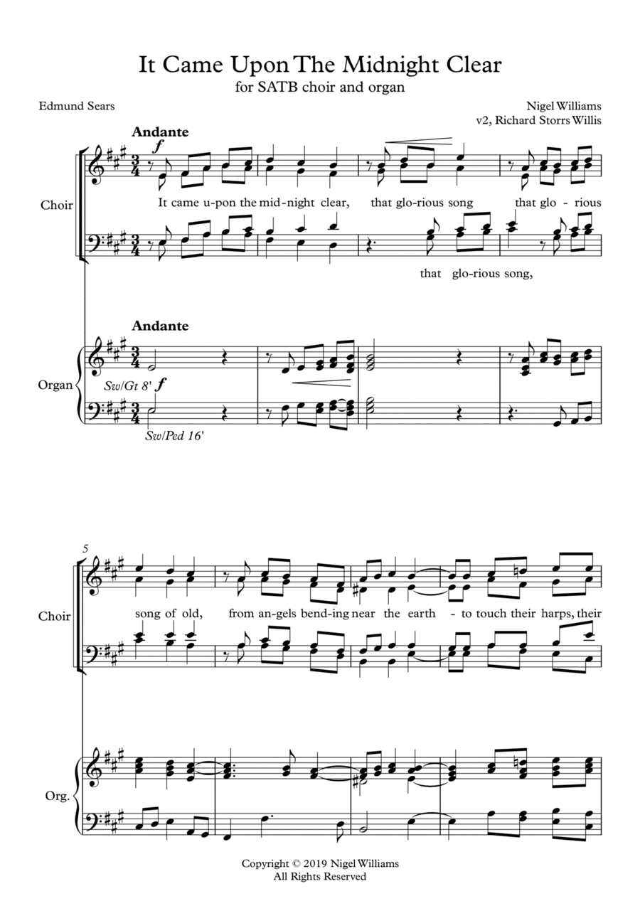 It Came Upon The Midnight Clear, for SATB Choir and Organ (arr. Nigel Williams)