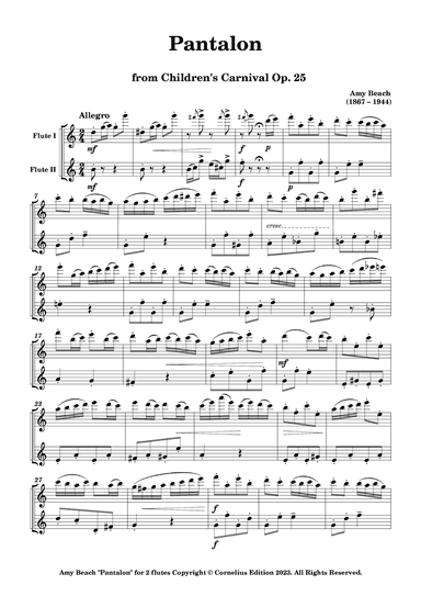 Amy Beach "Pantalon" from Children's Carnival Op. 25. Flute Duet. (Two Equal Flautists.) (arr. Glenn Martin)