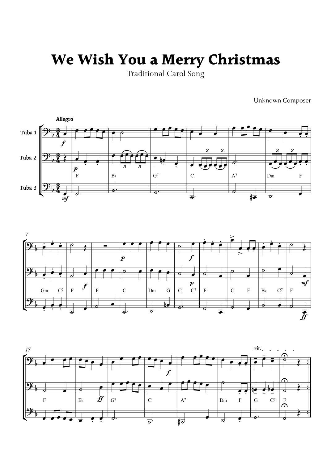 We Wish you a Merry Christmas for Tuba Trio with Chords (arr. Rika K.)