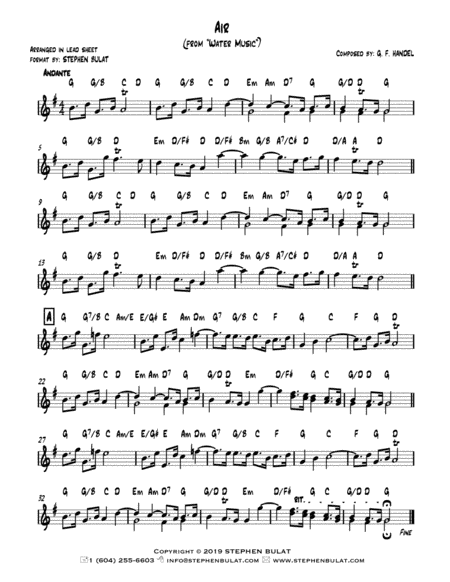 Air (from "Water Music") (Handel) - Lead sheet (key of G) (arr. Stephen Bulat)