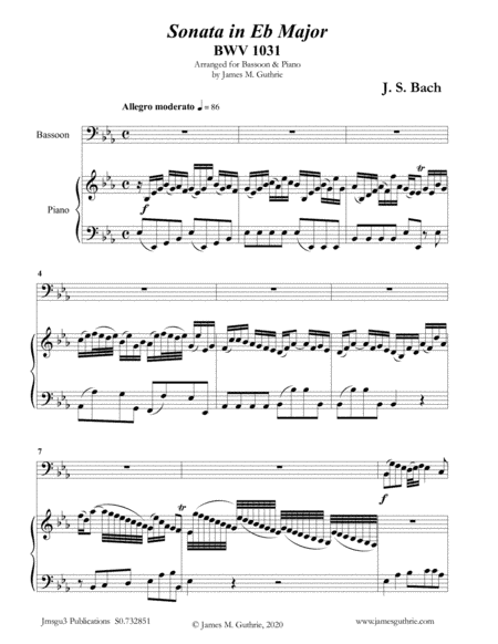 BACH: Sonata in Eb BWV 1031 for Bassoon & Piano (arr. James Guthrie, ASCAP)
