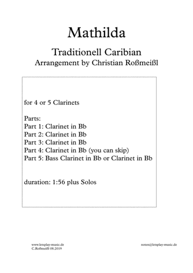 Matilda with 4 or 5 Clarinets Quartet, Quintet (arr. Christian Roßmeißl)