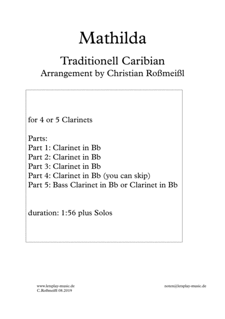 Matilda with 4 or 5 Clarinets Quartet, Quintet (arr. Christian Roßmeißl)