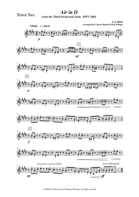 Johann Sebastian Bach/Wehage, Air in D from the Third orchestral suite, BWV 1068 arranged for concer (arr. Musik Fabrik Music Publishing)